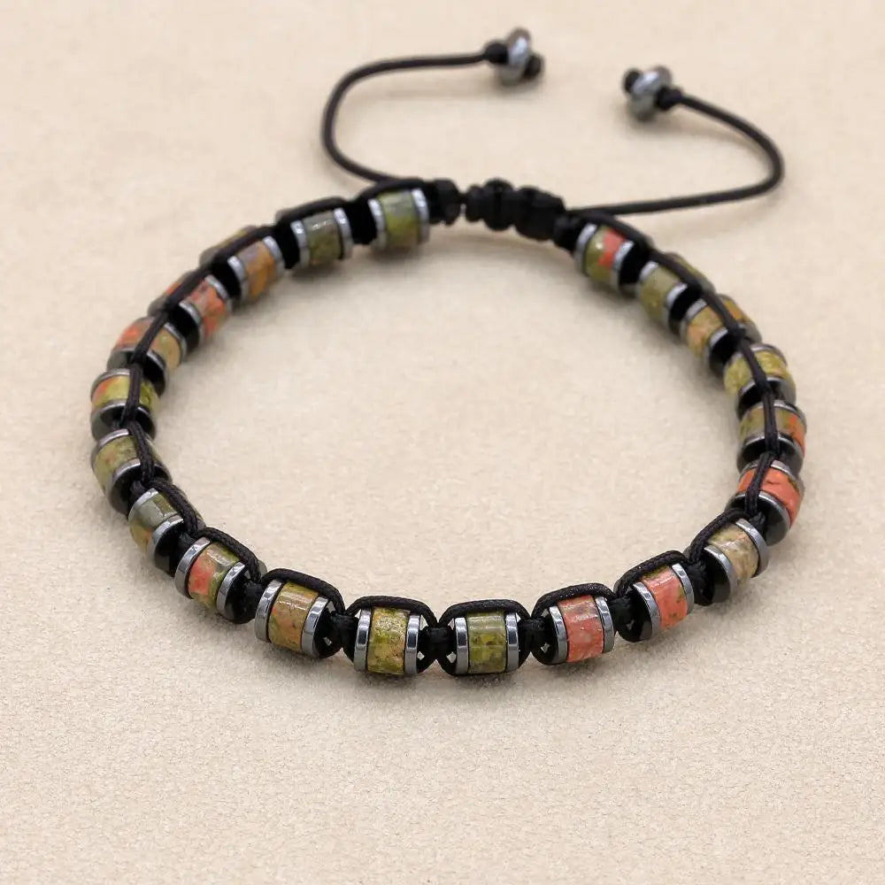 Unisex Unakite and Hematite Disc Braided Bracelet