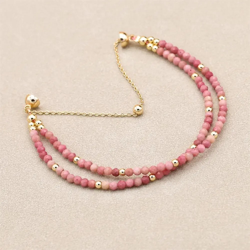 Handmade 3mm Faceted Rhodonite Double-Layer Bracelet with Magnetic Clasp