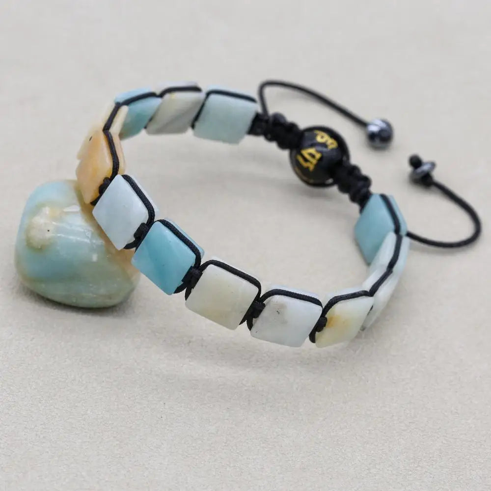 Handmade 10mm Square Amazonite Braided Bracelet Unisex Spiritual Mantra Jewelry Adjustable