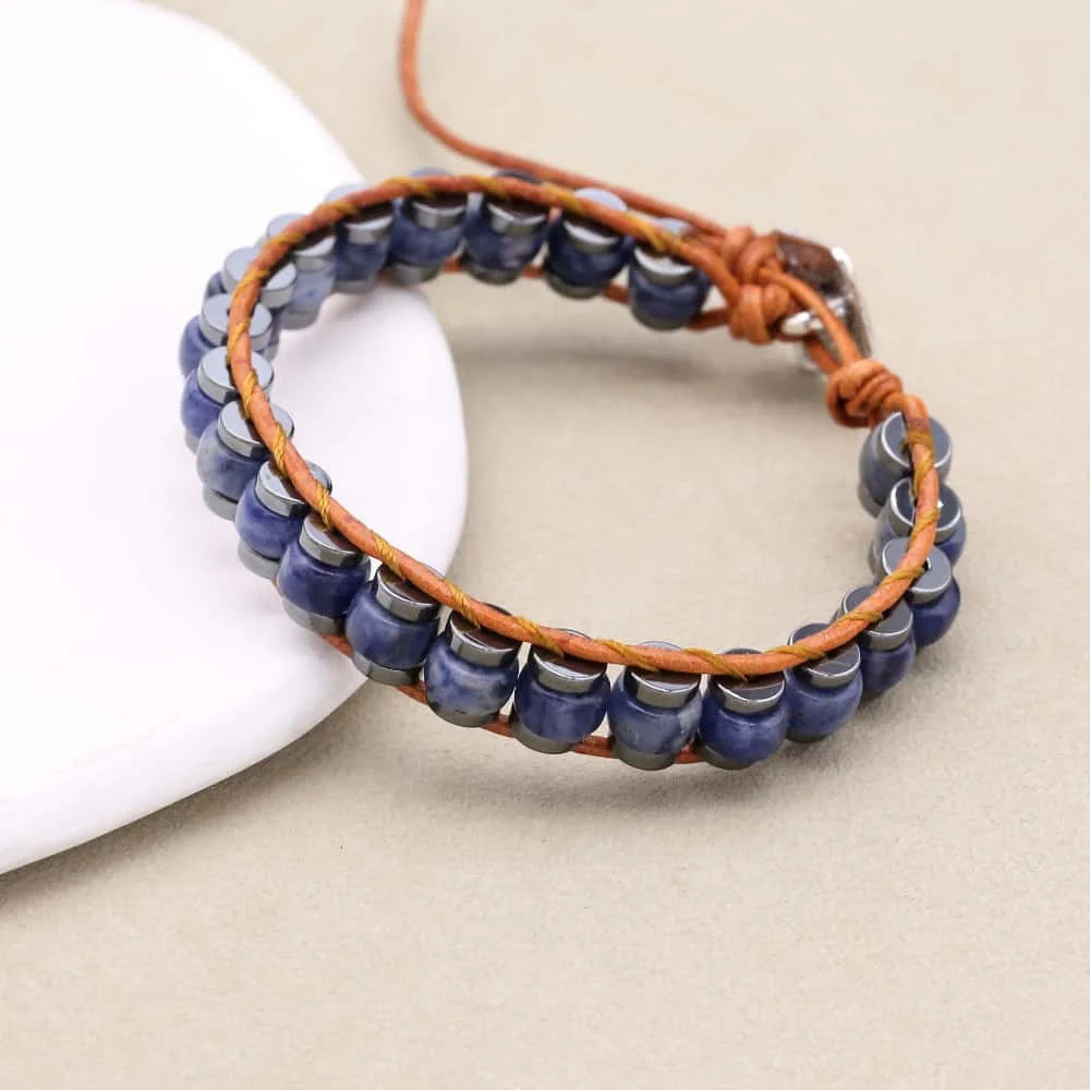 Clarity and Protection Sodalite Hematite Leather Wrap Bracelet