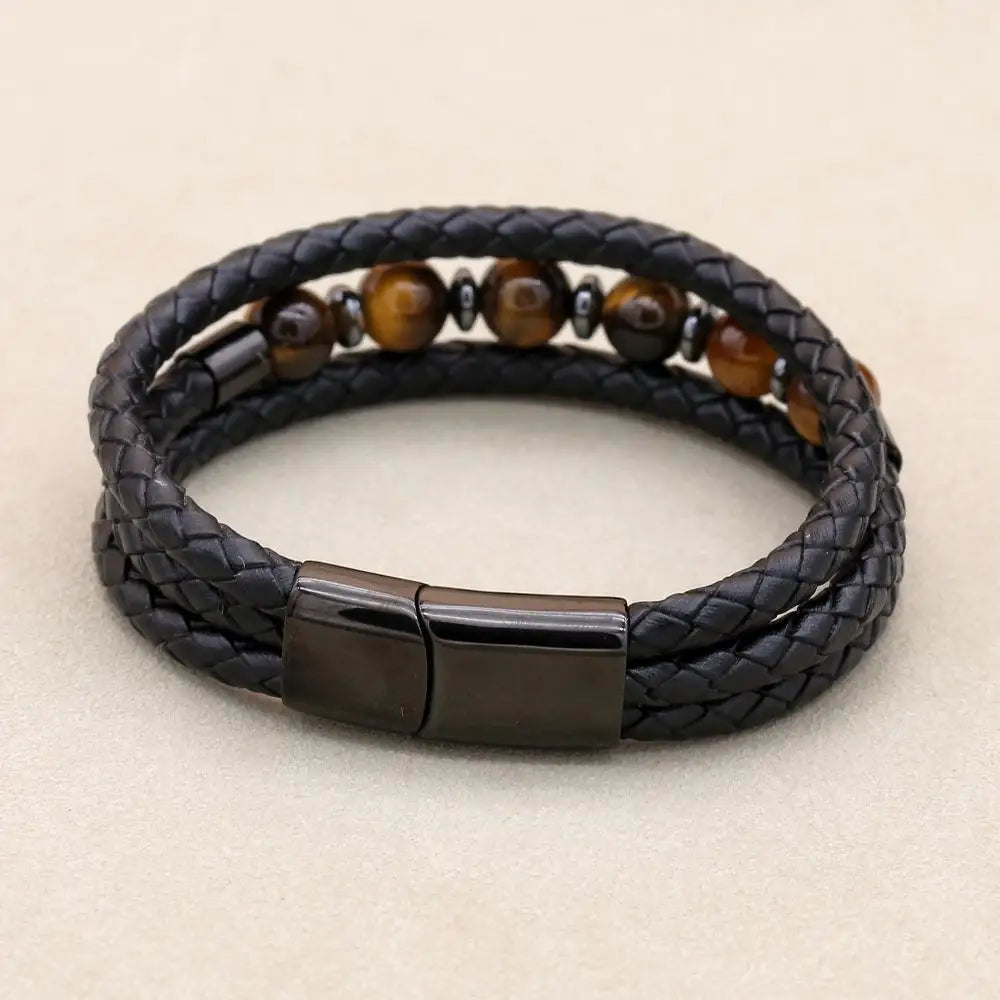 8mm Tiger Eye Hematite Multilayer Braided Leather Bracelet for Men Women