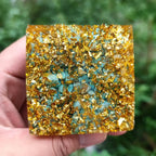 Prosperity and  Protection: Turquoise Tiger's Eye Orgone Pyramid with Wooden Base