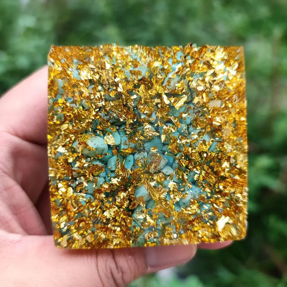 Prosperity and  Protection: Turquoise Tiger's Eye Orgone Pyramid with Wooden Base