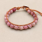 Unisex 8mm Rhodonite Leather Boho Bracelet | Adjustable Braided Wrap