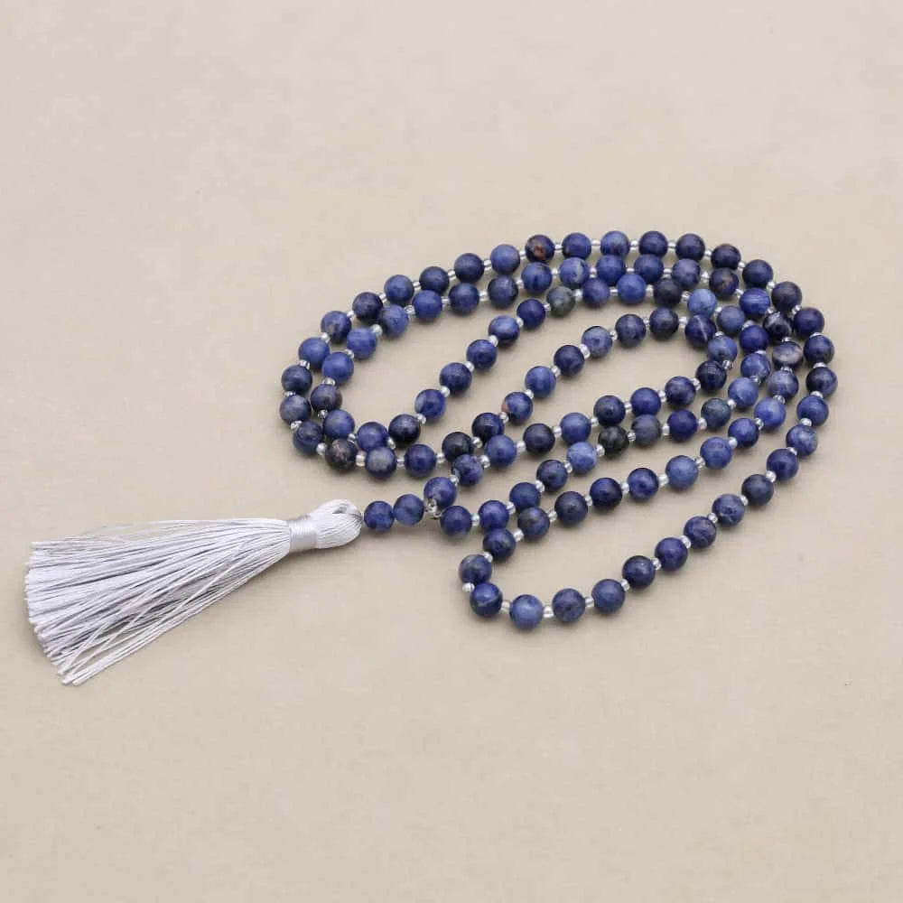 Inner Calm and Clarity 108 Sodalite Natural Stone Mala Tassel Necklace