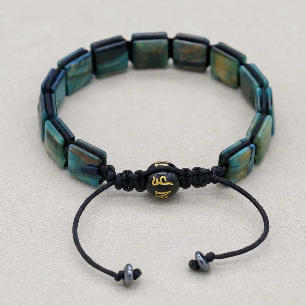 Handmade 10mm Square Blue-Green Tiger's Eye Braided Bracelet Unisex Spiritual Mantra Jewelry