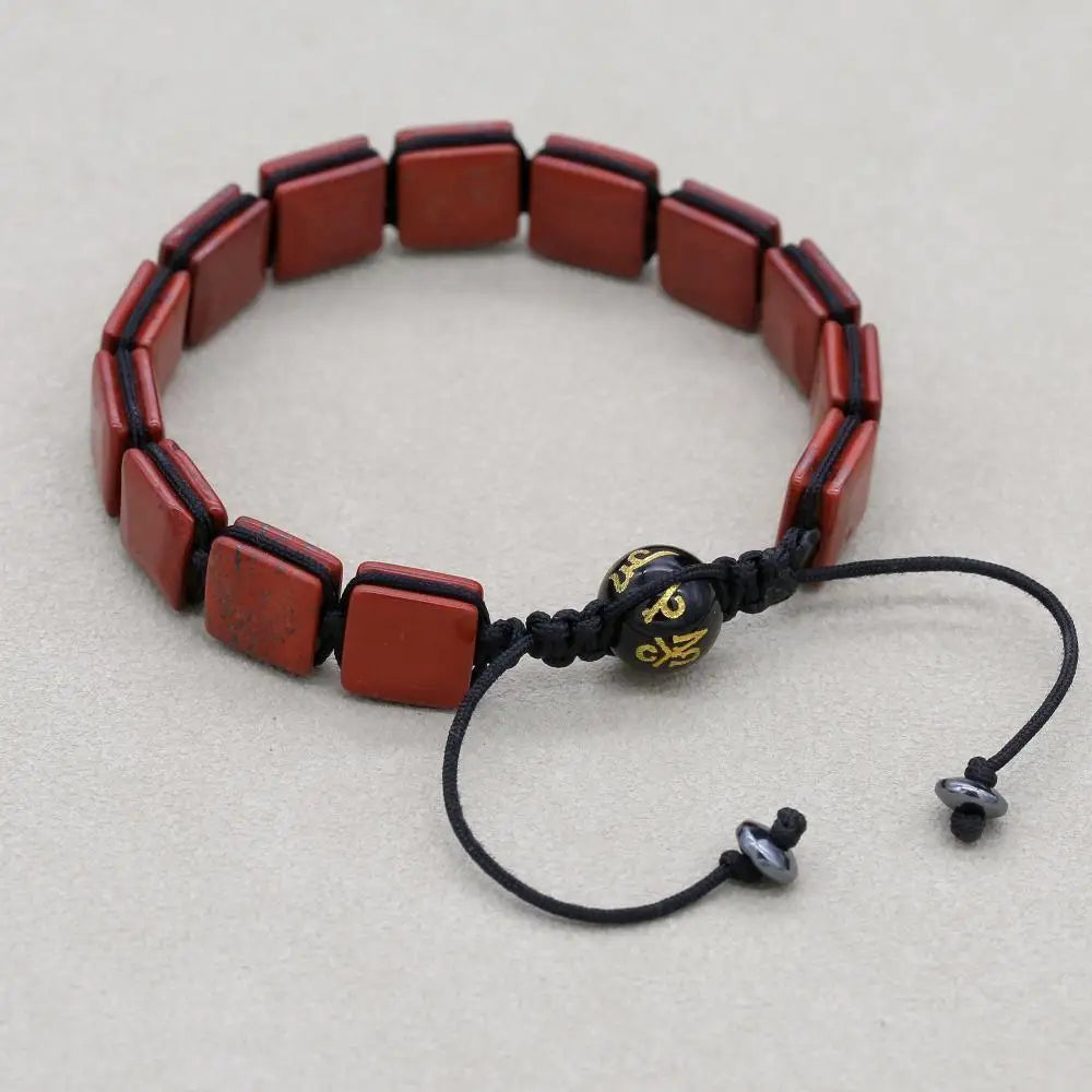Unisex 10mm Square Red Jasper Braided Bracelet with Mantra Agate