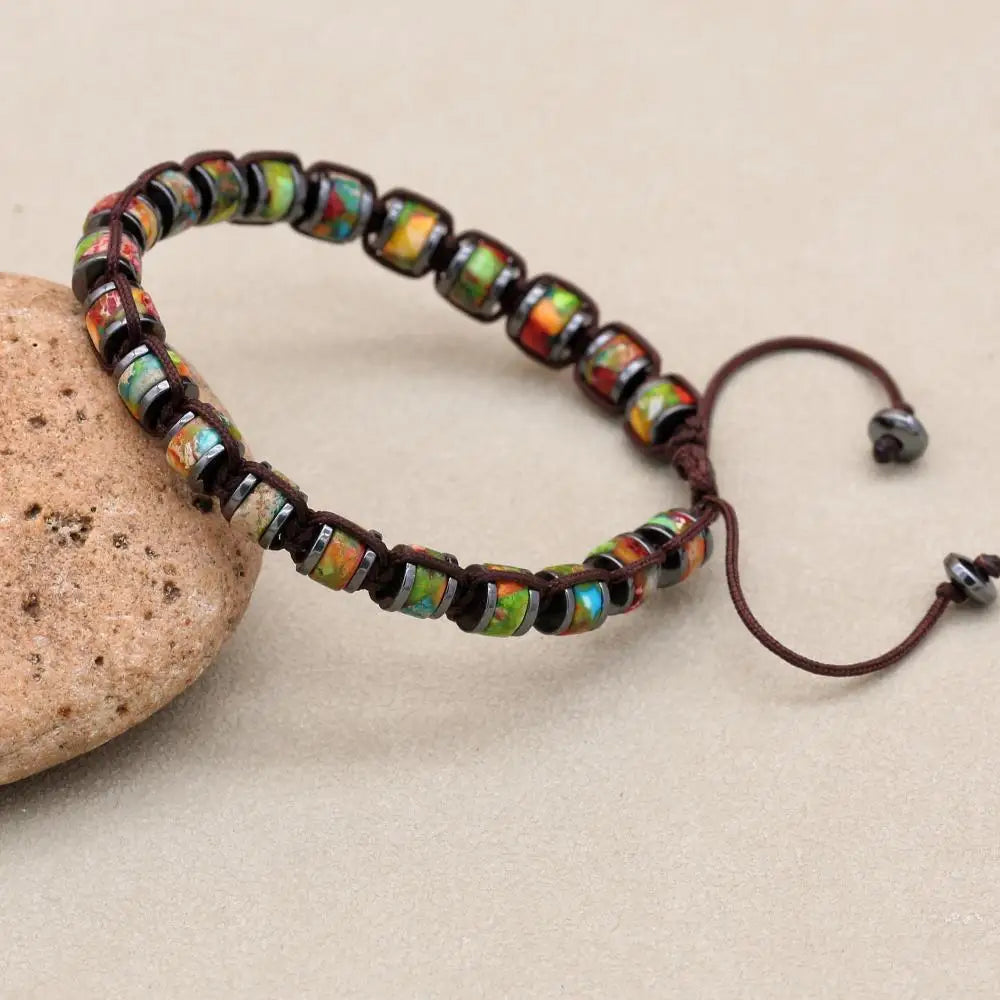 Unisex Colorful Sea Sediment Jasper and Hematite Disc Braided Bracelet
