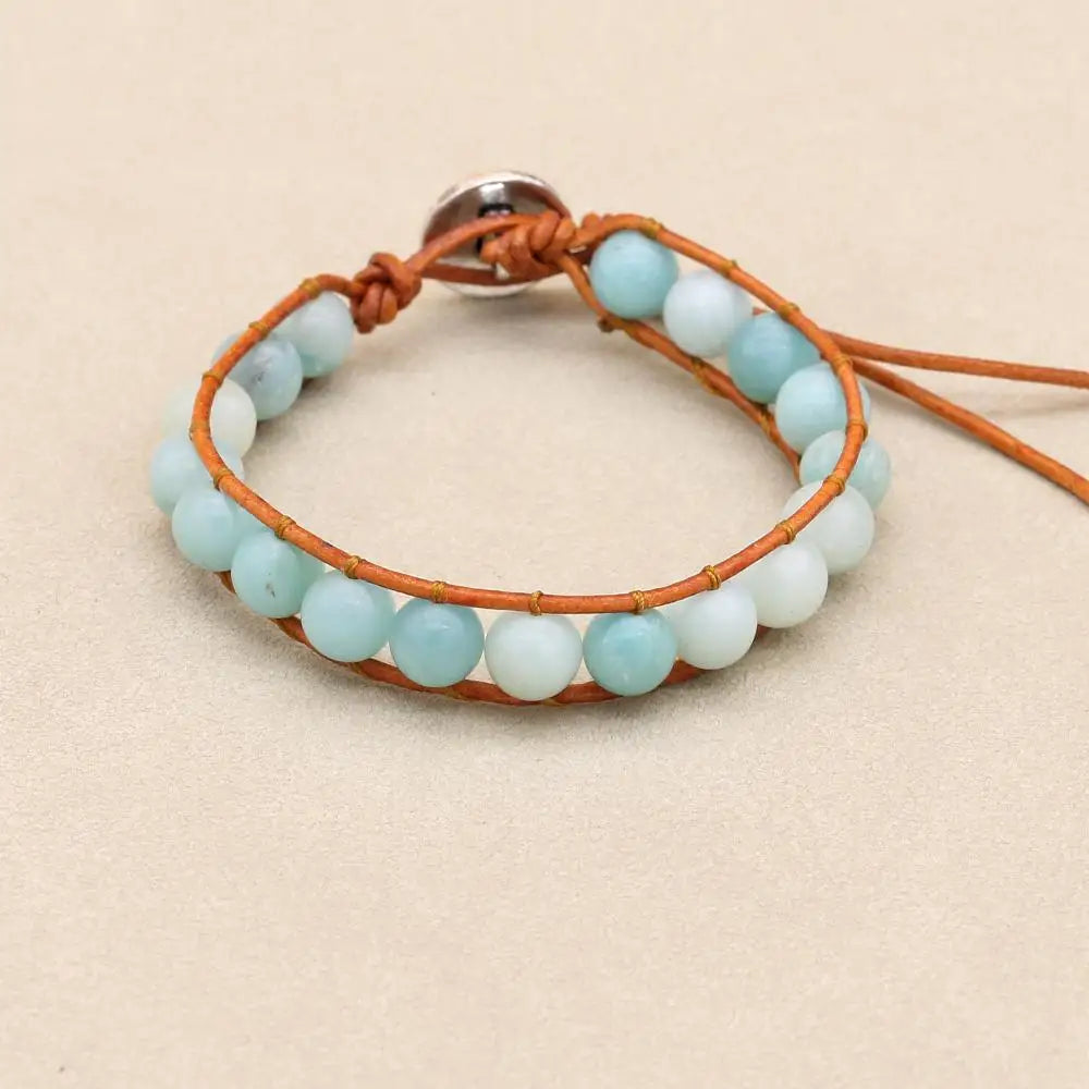 Unisex 8mm Amazonite Leather Boho Bracelet | Adjustable Braided Wrap