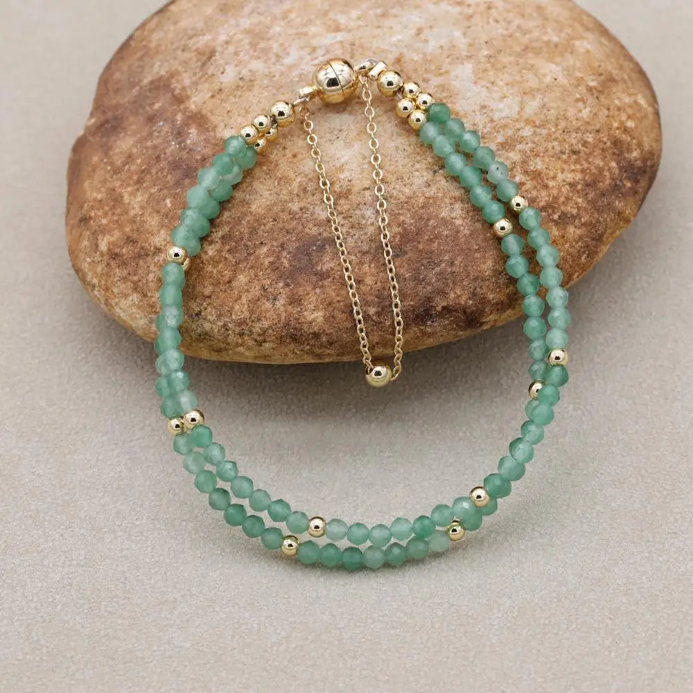 Handmade 3mm Faceted Green Aventurine Double-Layer Bracelet with Magnetic Clasp