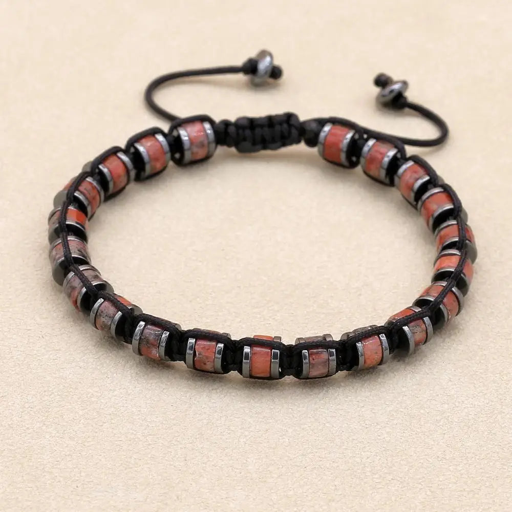 Natural Sesame Red Stone and Hematite Beaded Braided Bracelet