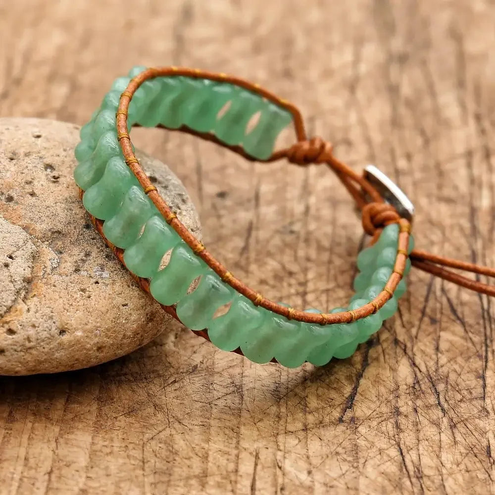 Prosperity and Luck Green Aventurine Bamboo Joint Leather Wrap Bracelet