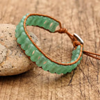 Prosperity and Luck Green Aventurine Bamboo Joint Leather Wrap Bracelet