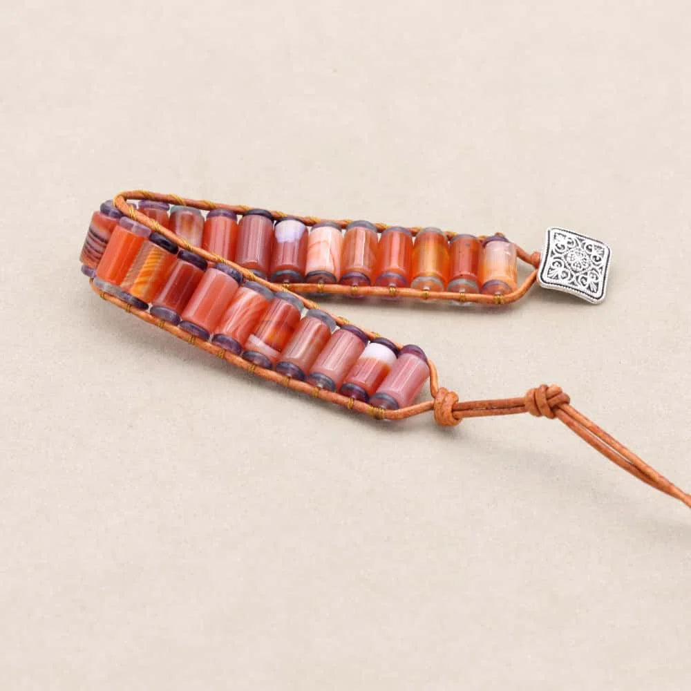 Vitality and Clarity: Red Agate Tube Fluorite Woven Leather Bracelet