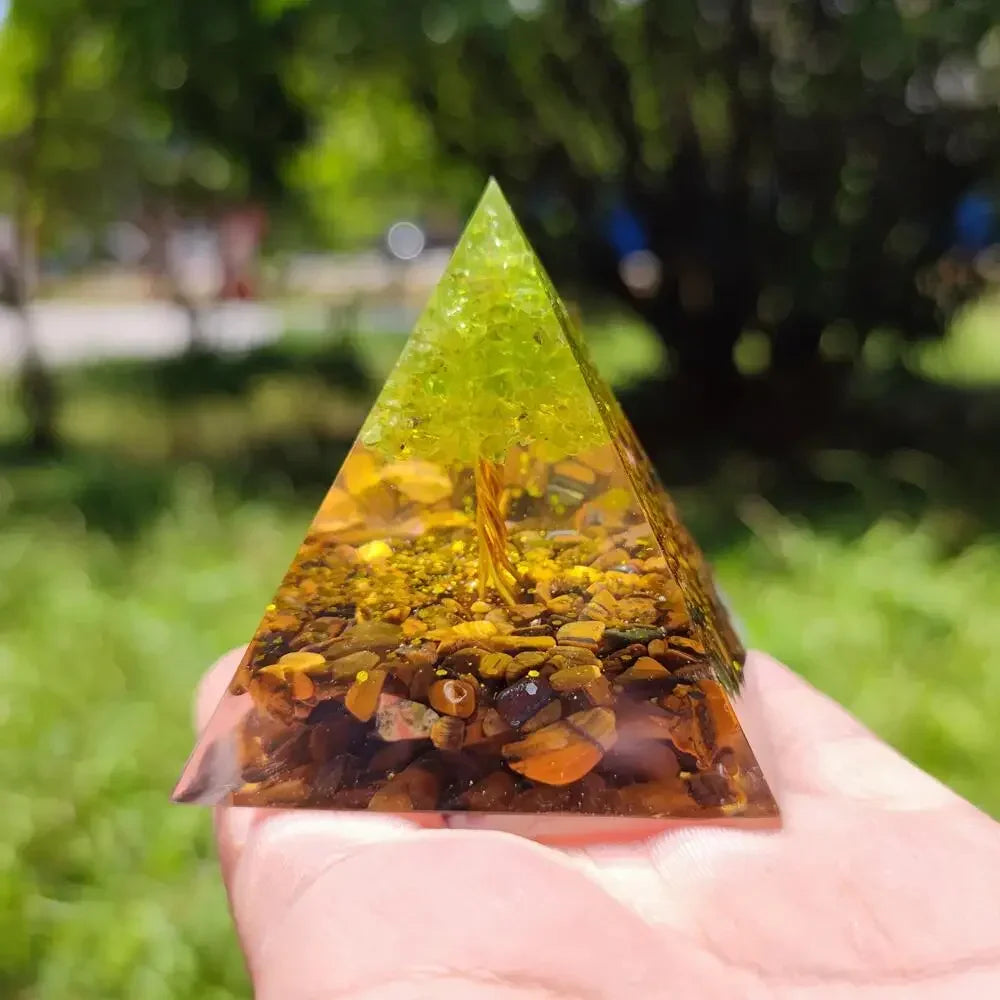 Prosperity and Wisdom Crystal Tree of Life Orgone Pyramid with Wooden Base