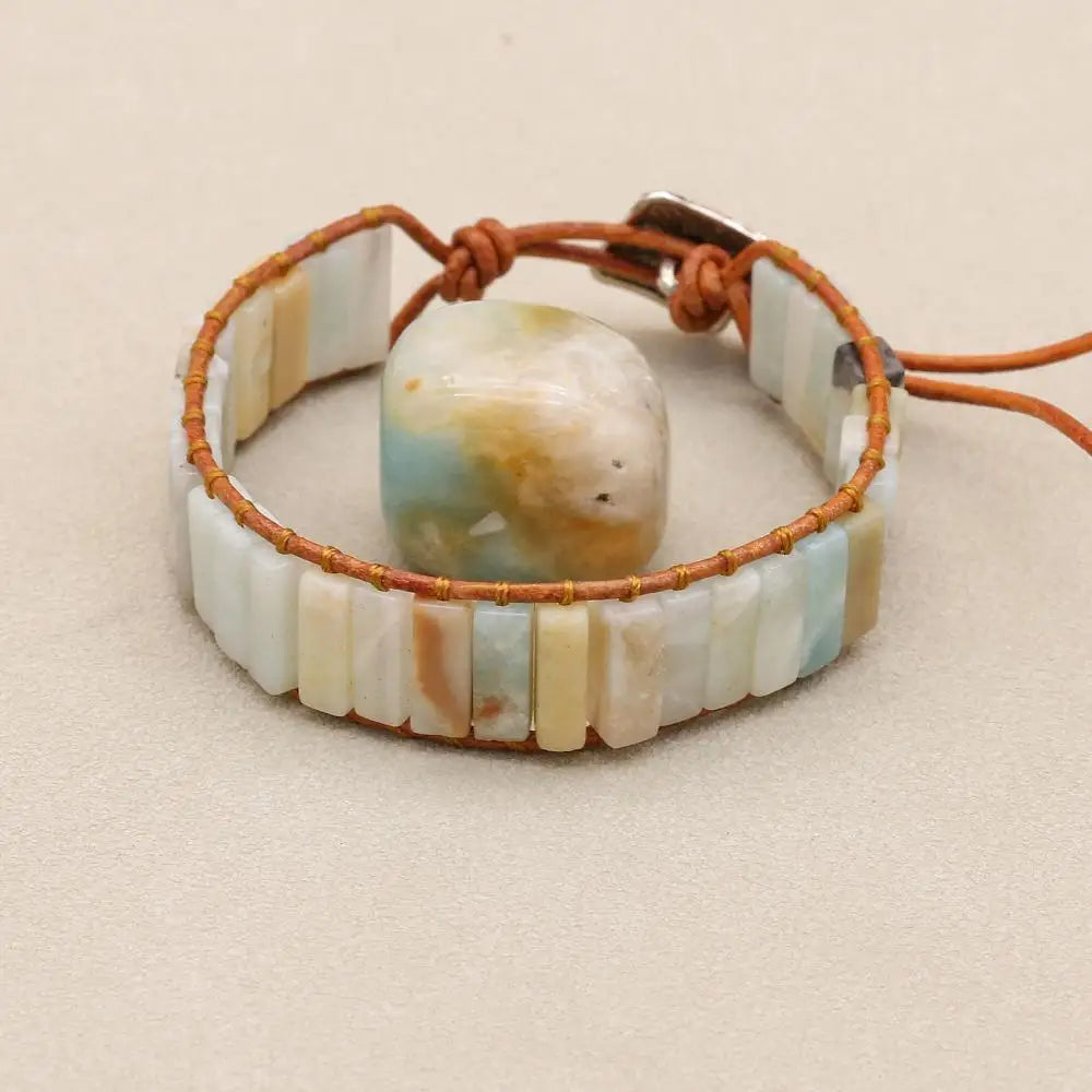 Unisex Amazonite Leather Boho Bracelet | Braided Adjustable Jewelry