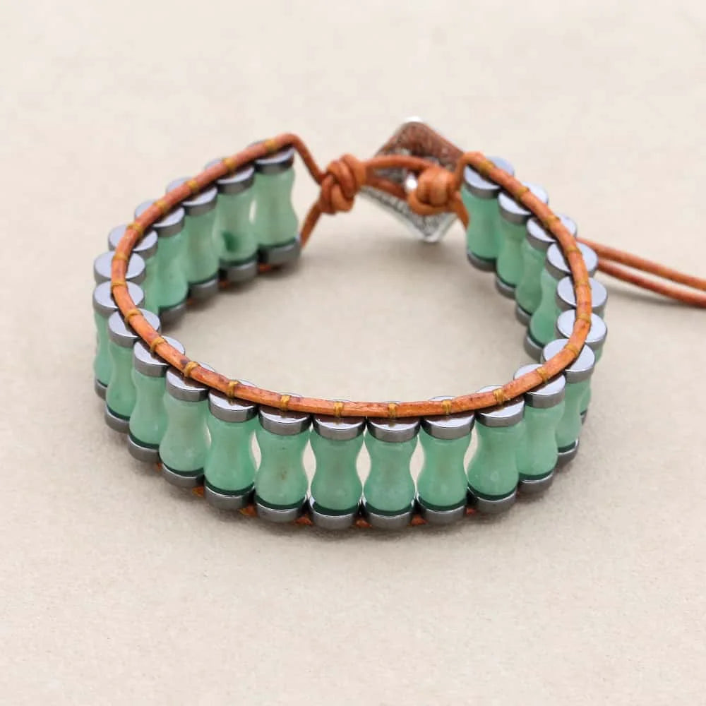 Prosperity and Growth Green Aventurine Bamboo Joint Leather Wrap Bracelet