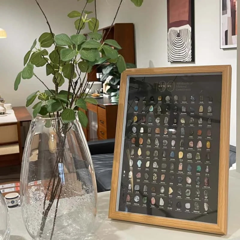 100 Kinds of Natural Mineral Gemstones Specimen Frame: Nature's Encyclopedia Wall Art