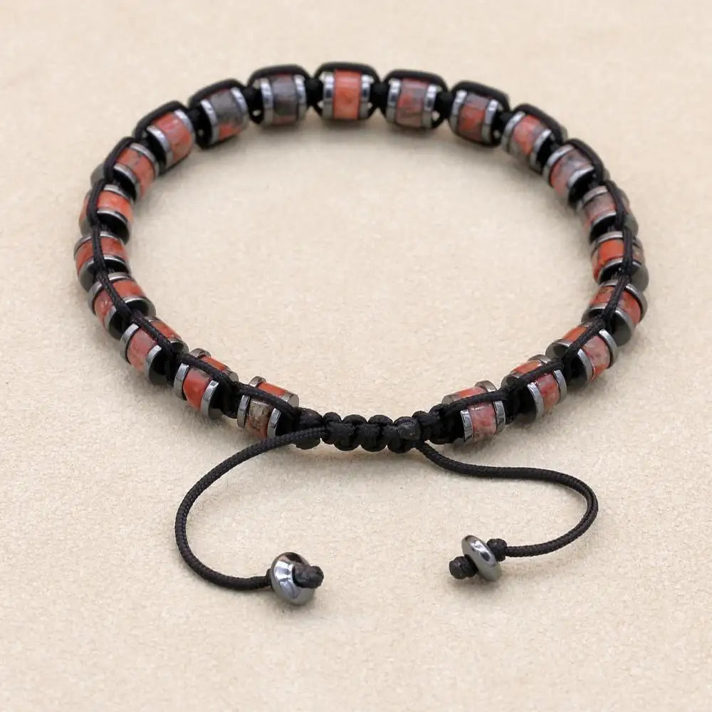 Natural Sesame Red Stone and Hematite Beaded Braided Bracelet