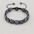 Unisex 10mm Square Black Larvikite Braided Bracelet