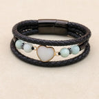 8mm Heart Amazonite Hematite Multilayer Leather Bracelet for Unisex