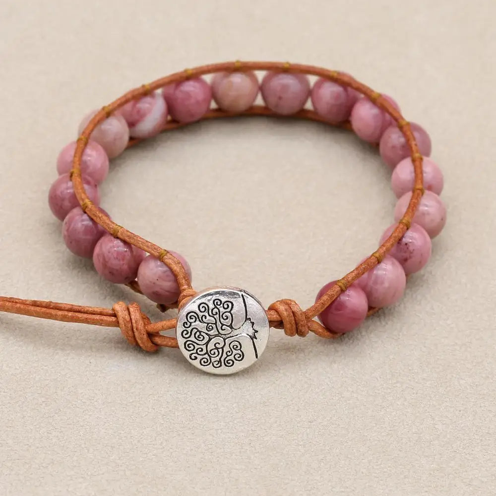 Unisex 8mm Rhodonite Leather Boho Bracelet | Adjustable Braided Wrap