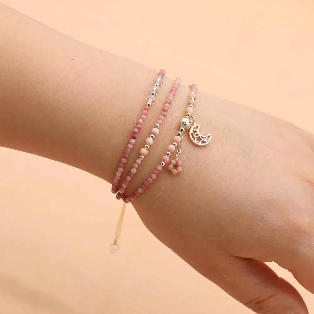 Emotionale Heilung Mehrlagiges Mond-Wickelarmband aus rosa Opal