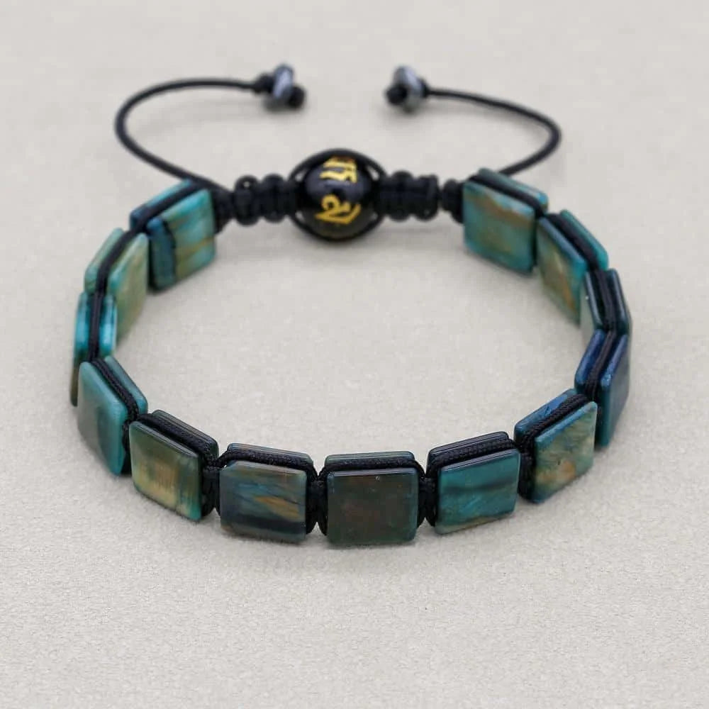 Handmade 10mm Square Blue-Green Tiger's Eye Braided Bracelet Unisex Spiritual Mantra Jewelry