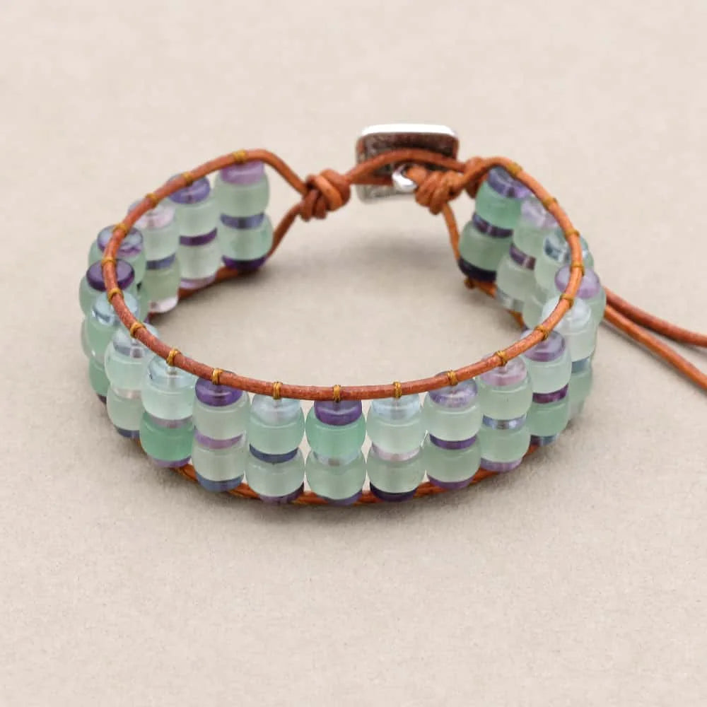 Handmade Aventurine & Fluorite Gemstone Leather Wrap Bracelet with Adjustable Cord