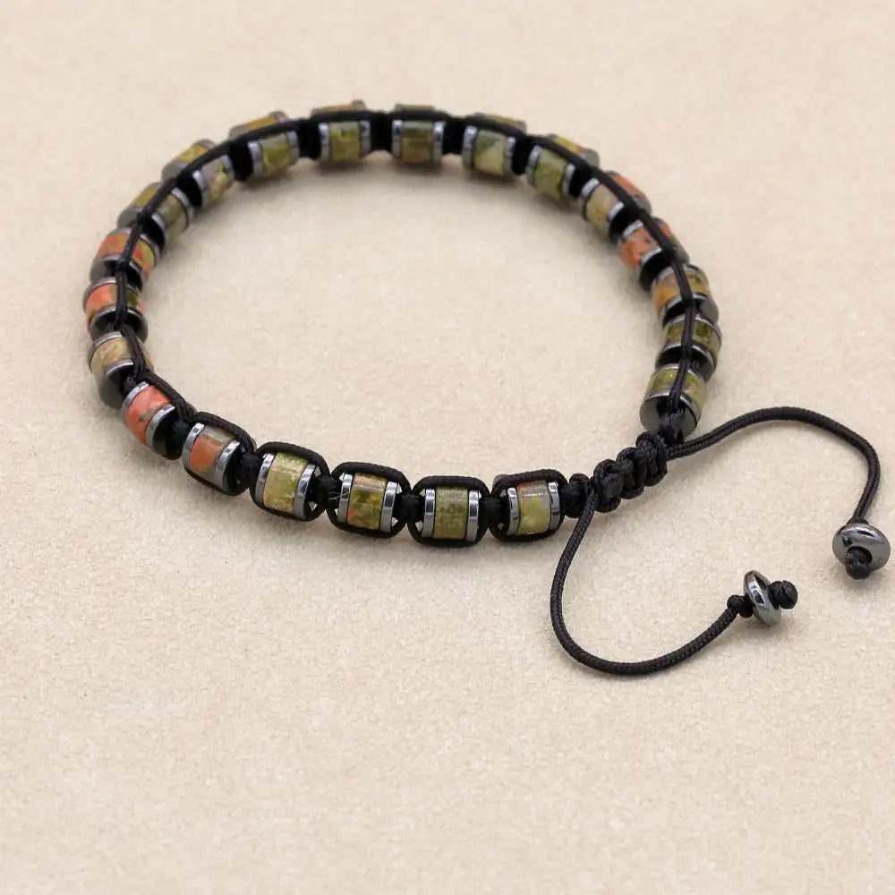 Unisex Unakite and Hematite Disc Braided Bracelet