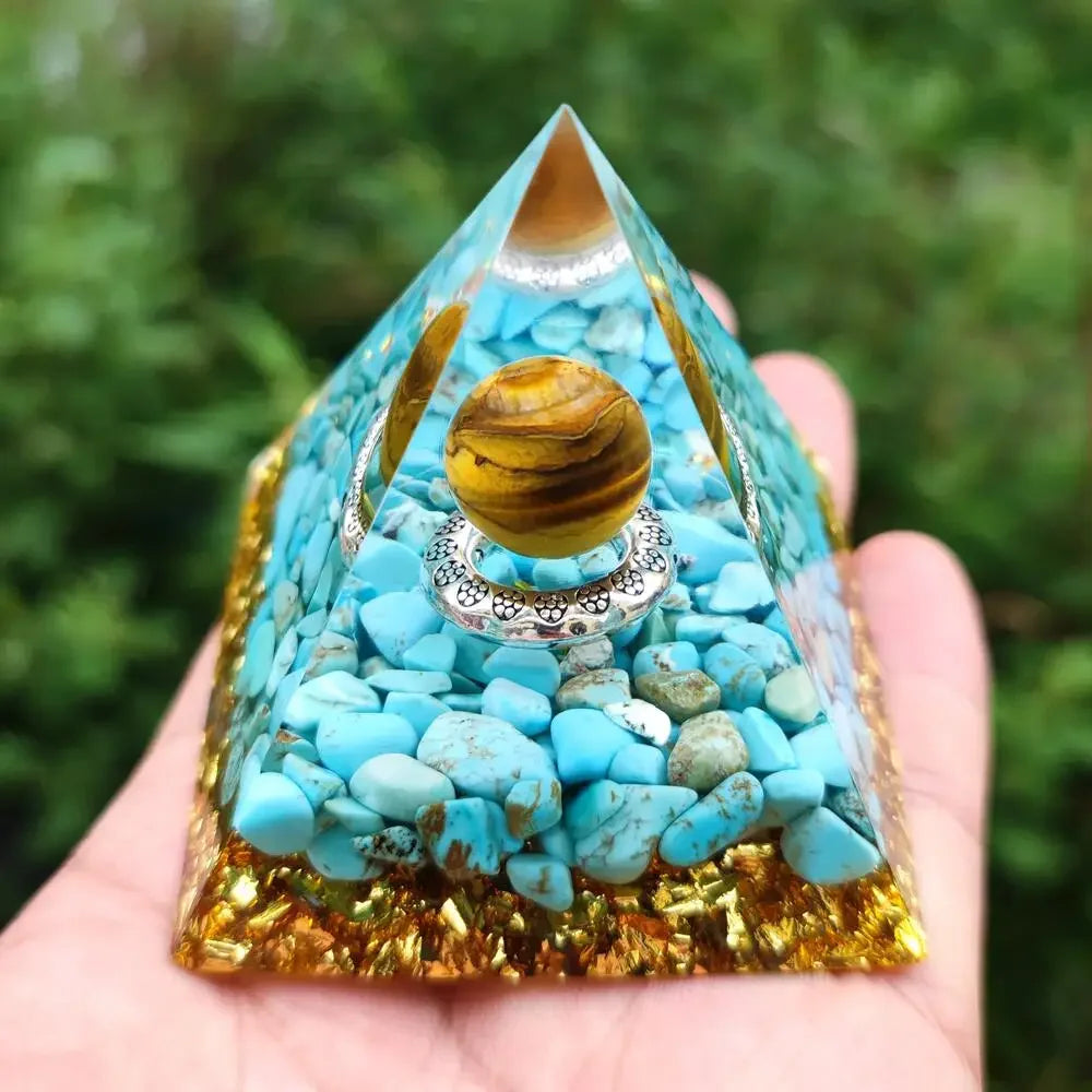 Prosperity and  Protection: Turquoise Tiger's Eye Orgone Pyramid with Wooden Base