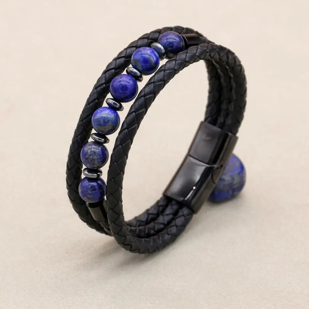 8mm Lapis Lazuli Hematite Multilayer Leather Bracelet for Unisex
