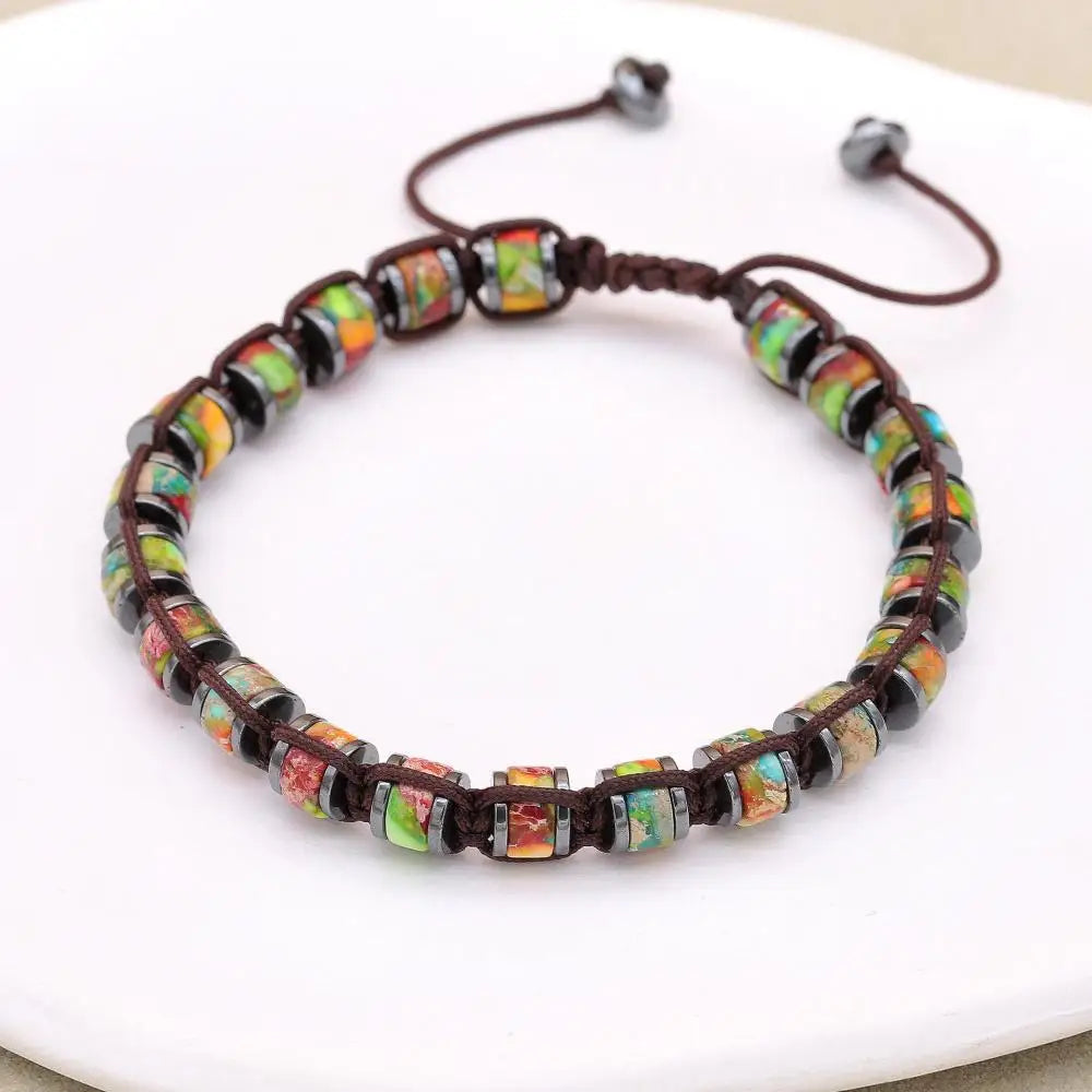 Unisex Colorful Sea Sediment Jasper and Hematite Disc Braided Bracelet