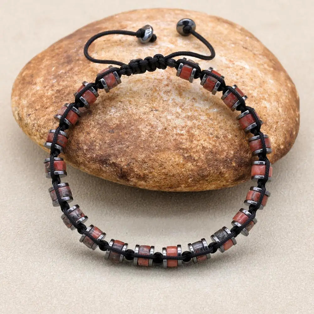 Natural Sesame Red Stone and Hematite Beaded Braided Bracelet