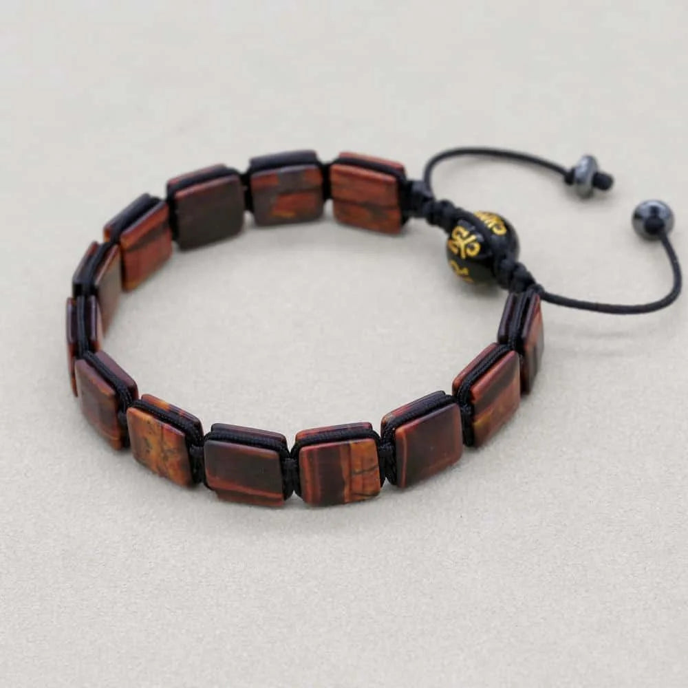 Red Tiger Eye Square Bead Braided Bracelet with Six-Word Mantra Agate