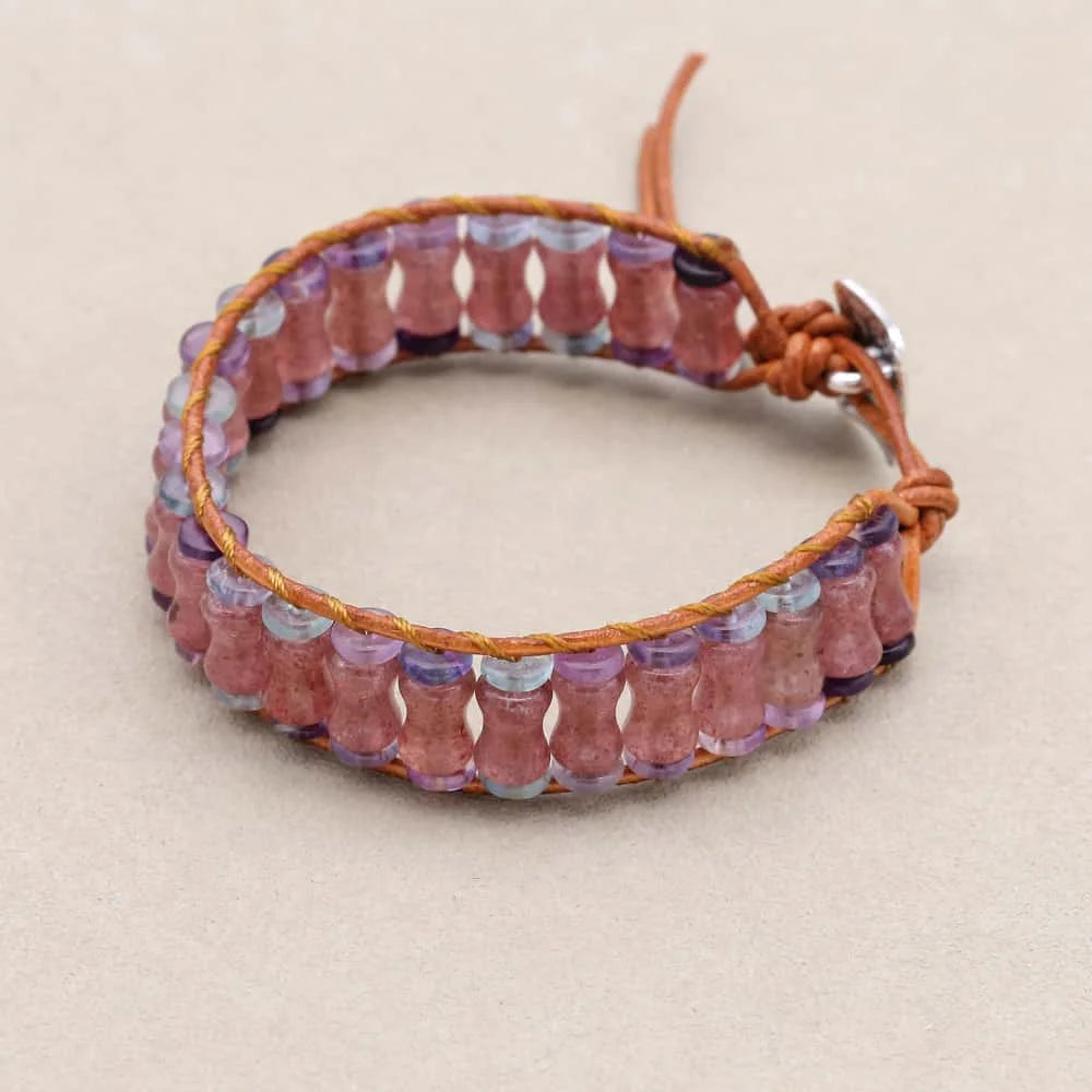 Love and Clarity: Strawberry Quartz Fluorite Boho Leather Wrap Bracelet