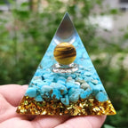 Prosperity and  Protection: Turquoise Tiger's Eye Orgone Pyramid with Wooden Base