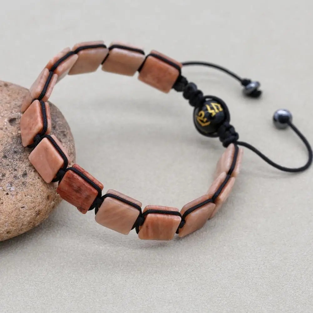 Unisex 10mm Square Sunstone Braided Bracelet with Mantra Agate