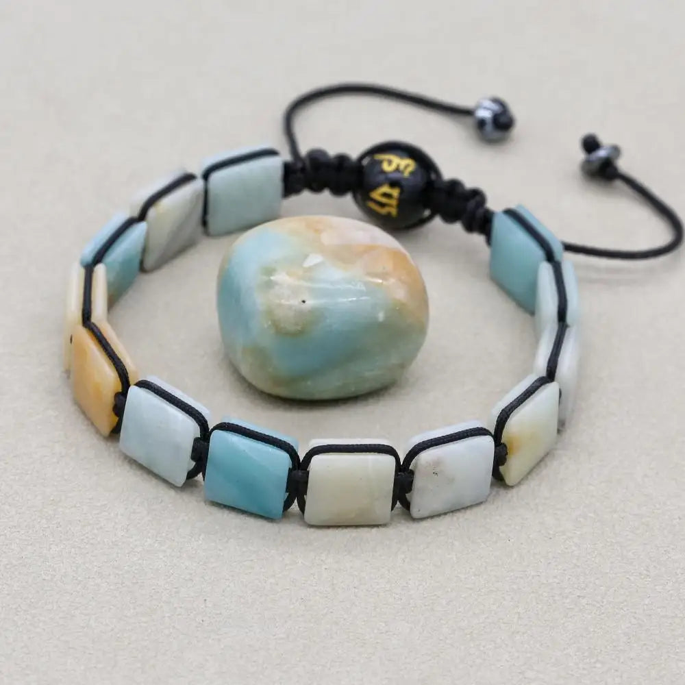 Handmade 10mm Square Amazonite Braided Bracelet Unisex Spiritual Mantra Jewelry Adjustable