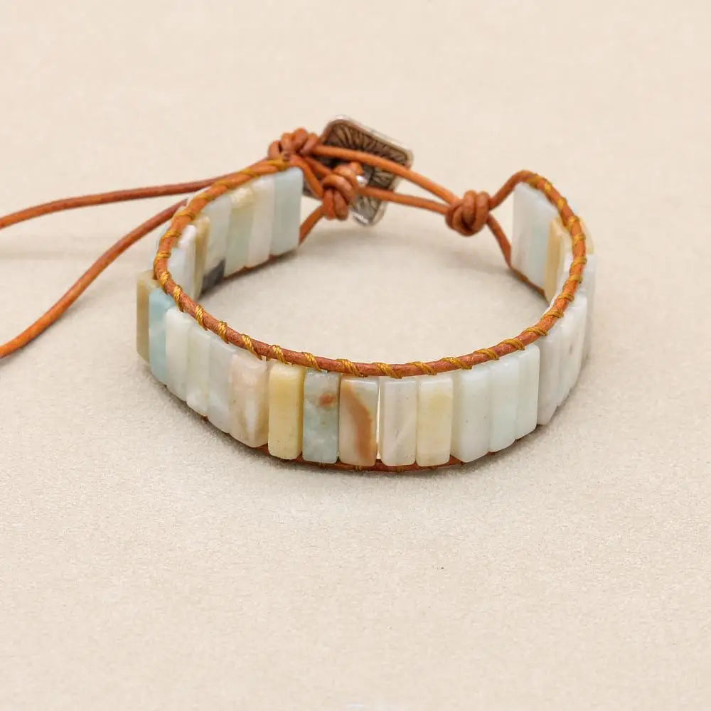 Unisex Amazonite Leather Boho Bracelet | Braided Adjustable Jewelry