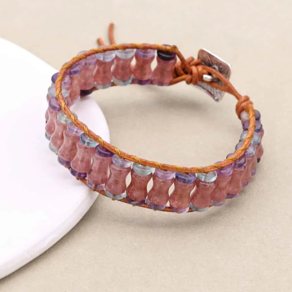 Love and Clarity: Strawberry Quartz Fluorite Boho Leather Wrap Bracelet