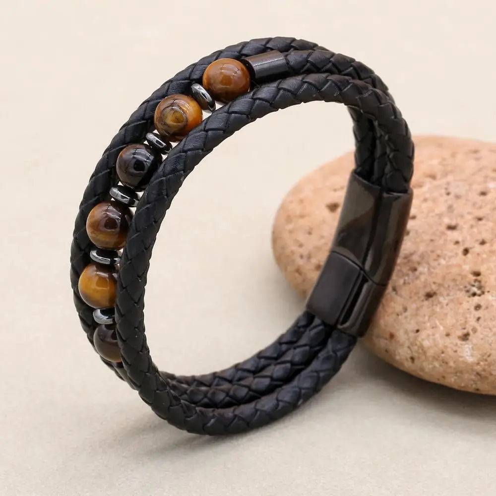 8mm Tiger Eye Hematite Multilayer Braided Leather Bracelet for Men Women