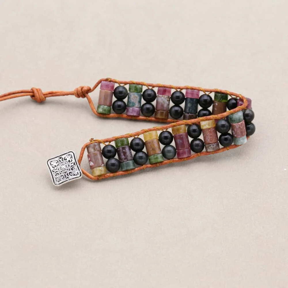 Rainbow Gemstone Leather Wrap Bracelet with Tourmaline & Obsidian
