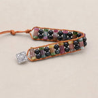Rainbow Gemstone Leather Wrap Bracelet with Tourmaline & Obsidian