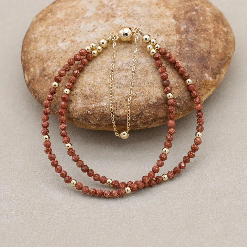 Handmade 3mm Faceted Gold Sandstone Double-Layer Bracelet with Magnetic Clasp