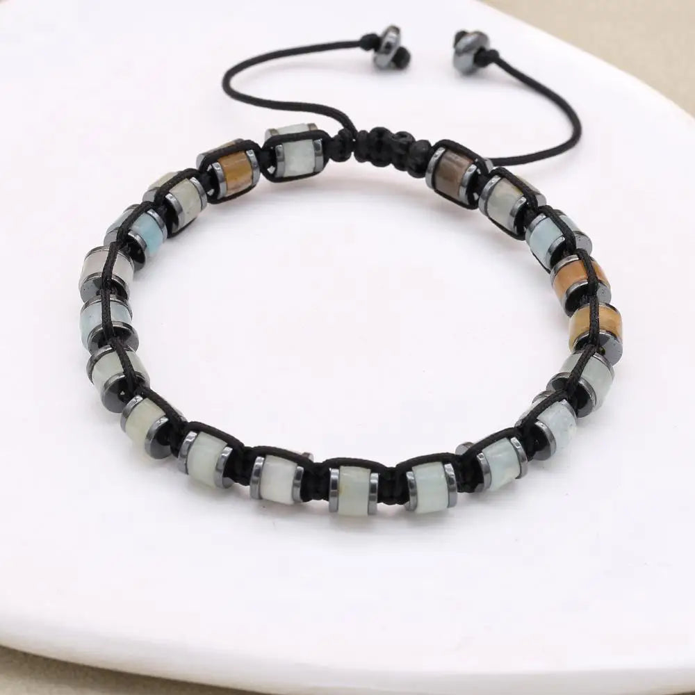 Unisex Amazonite & Hematite Disc Braided Bracelet | Adjustable