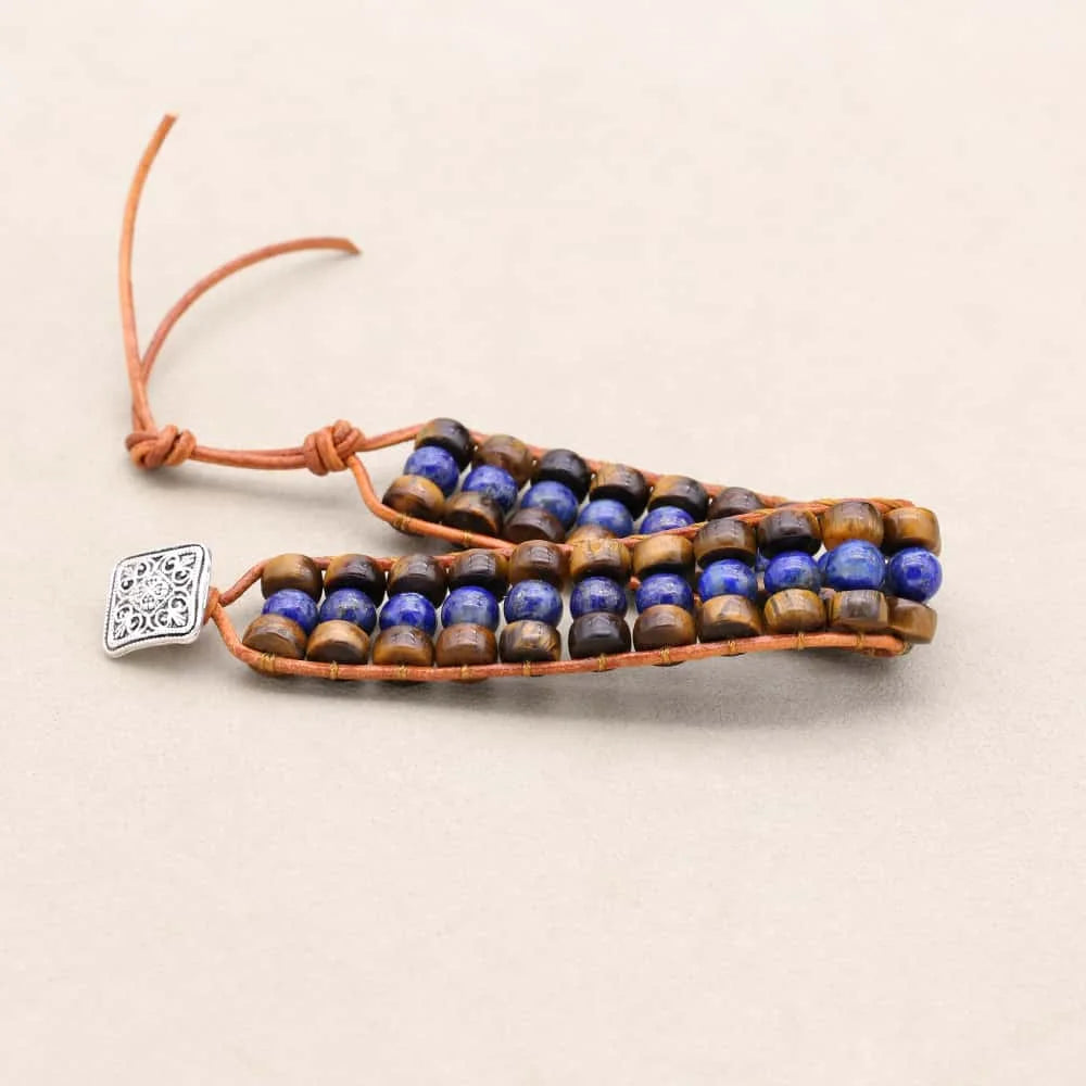 Wisdom and Courage: Lapis Lazuli Tiger's Eye Woven Leather Bracelet