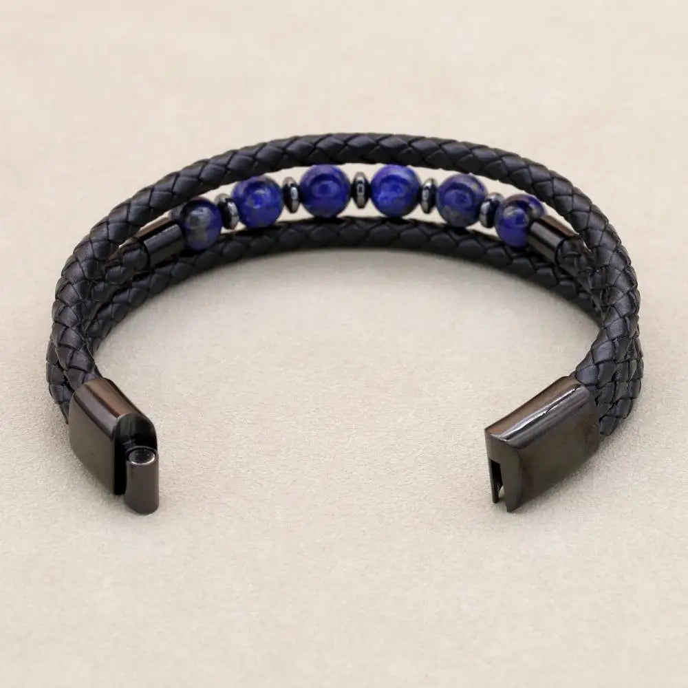 8mm Lapis Lazuli Hematite Multilayer Leather Bracelet for Unisex