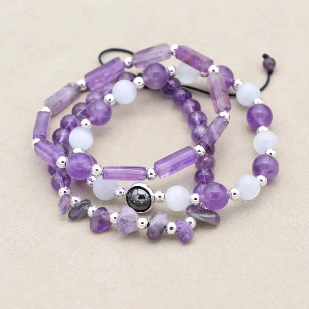 Amethyst Wisdom Bracelet Set: Serenity & Protection Trio (3 PCS)