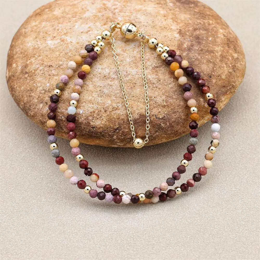 Handmade 3mm Faceted Mookaite Jasper Double-Layer Bracelet with Magnetic Clasp